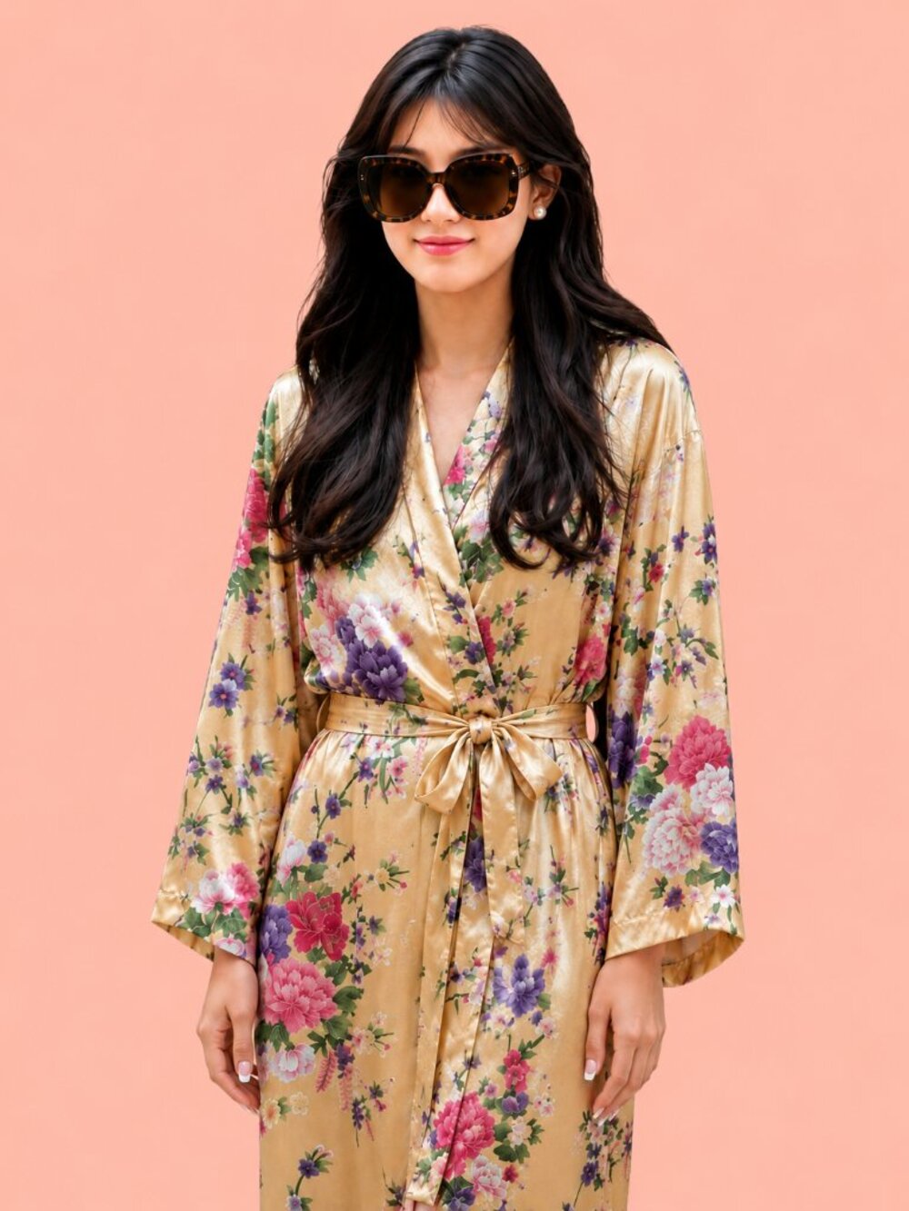 Gold Floral Satin Kimono Robe | S/M | Boho Cottagecore Loungewear